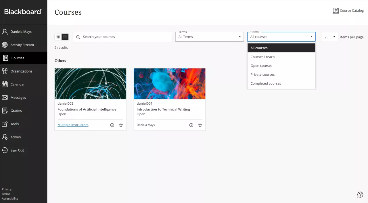 screenshot of the courses page with the filter menu open