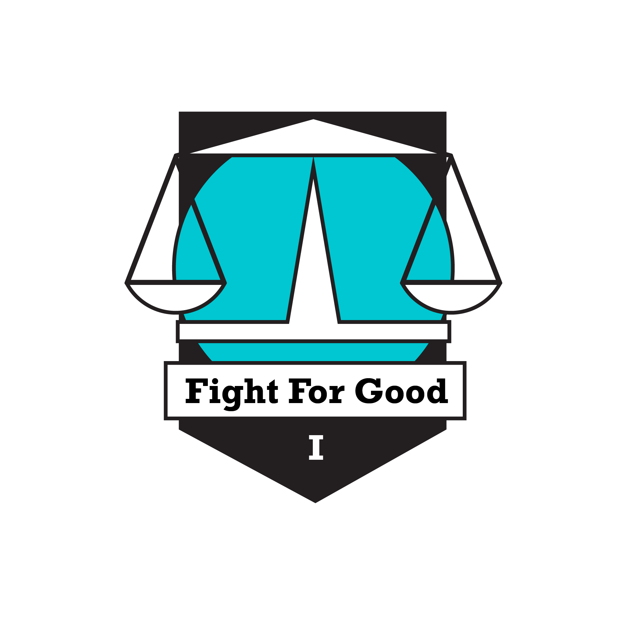 Fight for Good badge has the scales of justice on a turquoise background