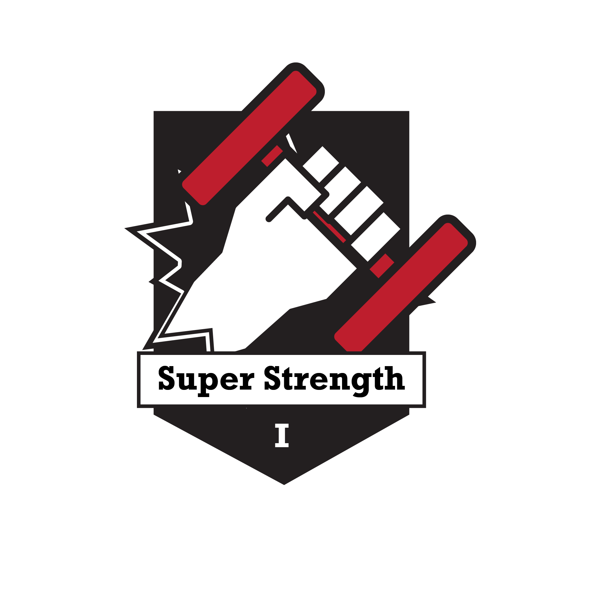 super strength badge includes a hand holding a barbell