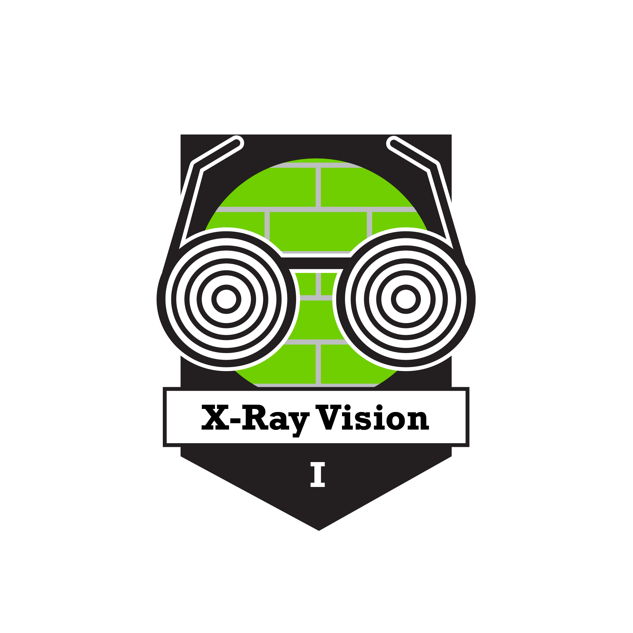 X-Ray Vision badge has a face with glasses and black and white spirals for lenses