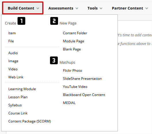 Screenshot highlighting the three main content types