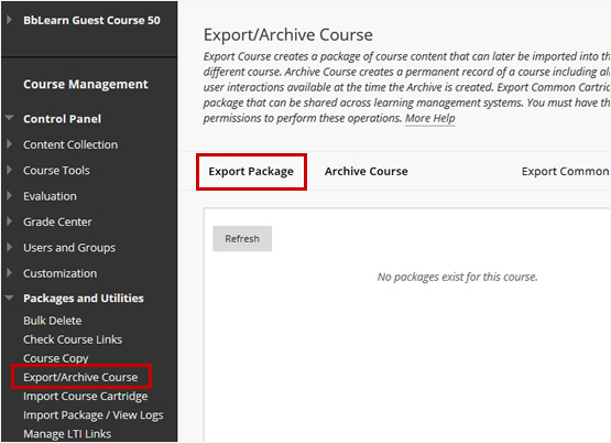 Screenshot highlighting the process to export a course