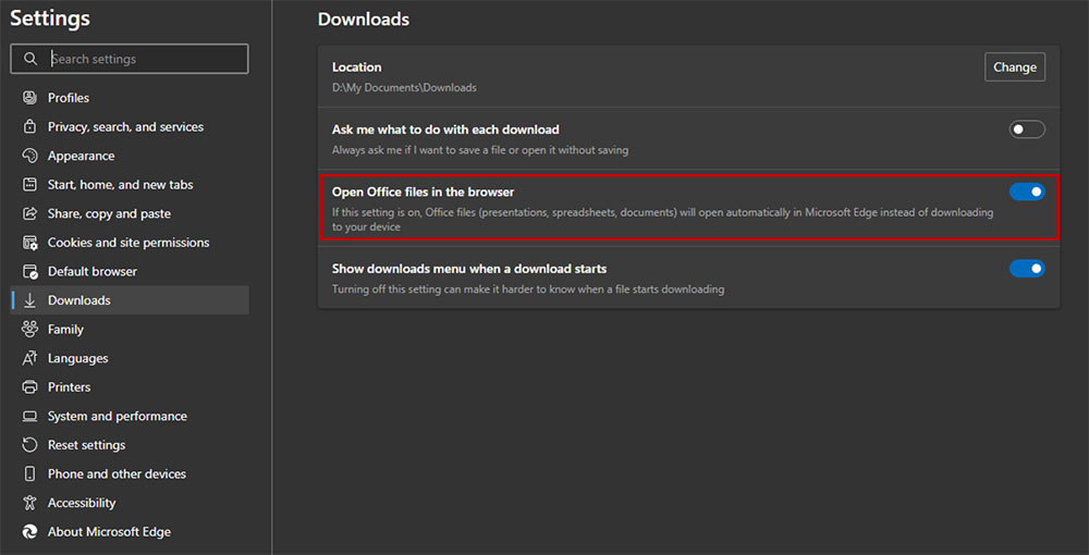 In the Edge browser settings, go to the Downloads link and disable the setting to open office files in the browser