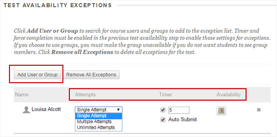 a screenshot of the test availability exceptions options in the test's settings