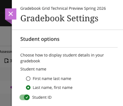 Choose the order in which student names appear and toggle visibility of the student ID