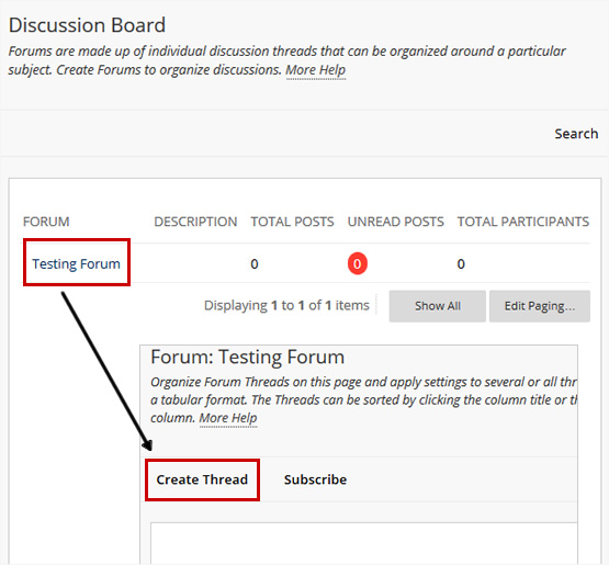 Screenshot highlighting how to access then create a discussion board thread