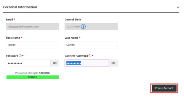 TDM Screen image of Create Account Form