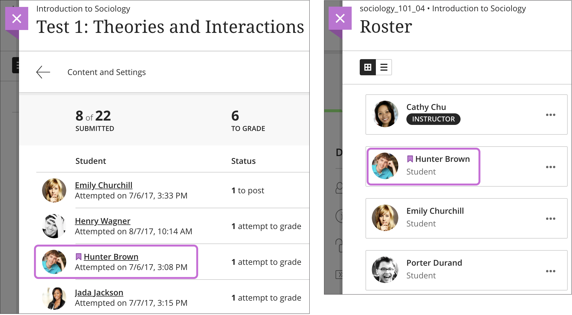 a purple flag icon appears next to the student's name on the grading page for an assignment or on the roster