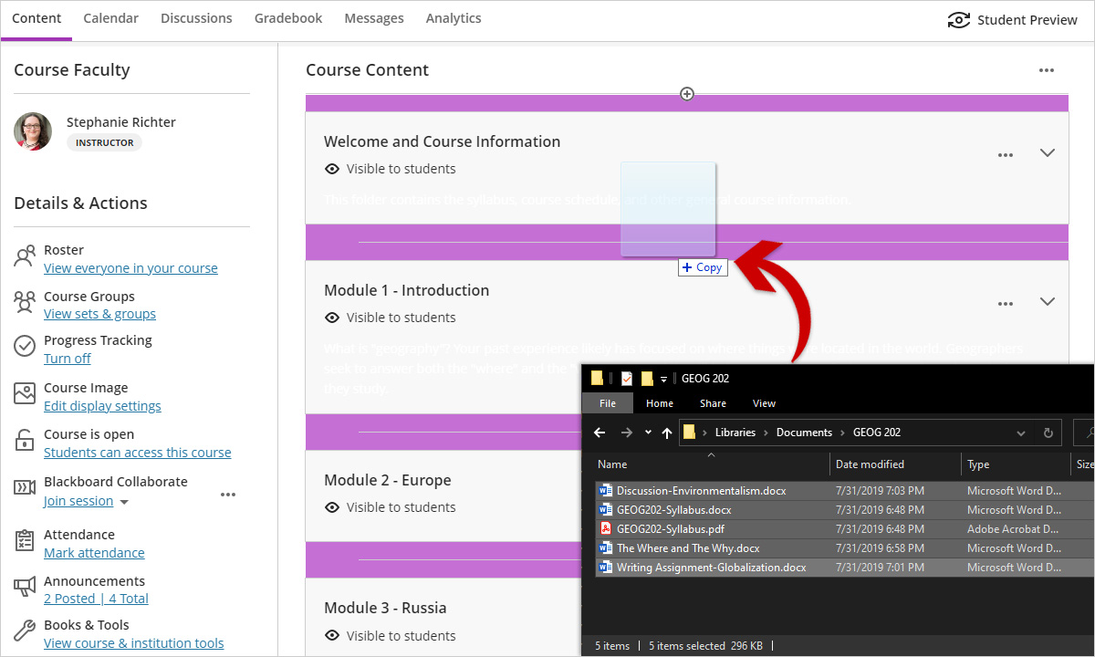adding content to a Blackboard Ultra course using drag and drop