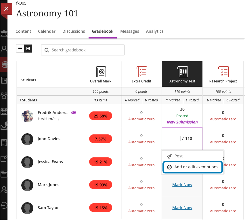 screenshot demonstrating the exemption option available when clicking in a cell in the grid view of the gradebook