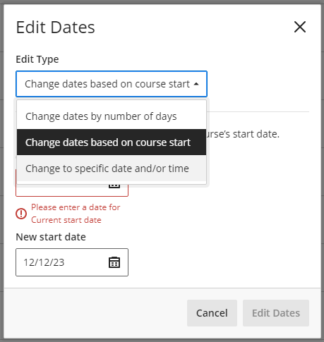 screenshot of the menu to select a specific date or time for batch edit