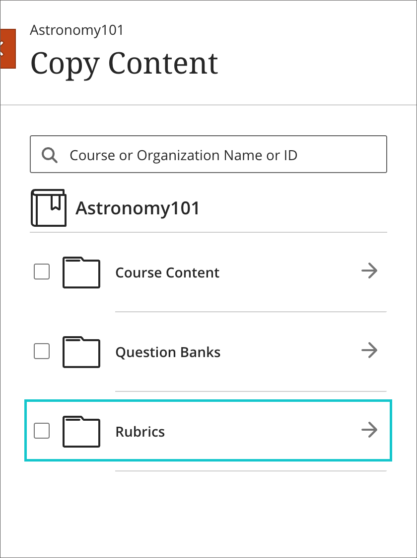 screenshot of the copy content panel highlighting the ability to copy rubrics