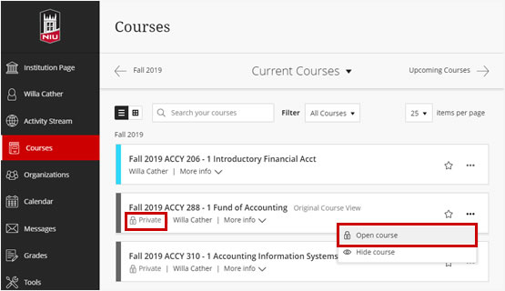Blackboard Ultra courses page highlighting a course that is Private and the menu to open the course