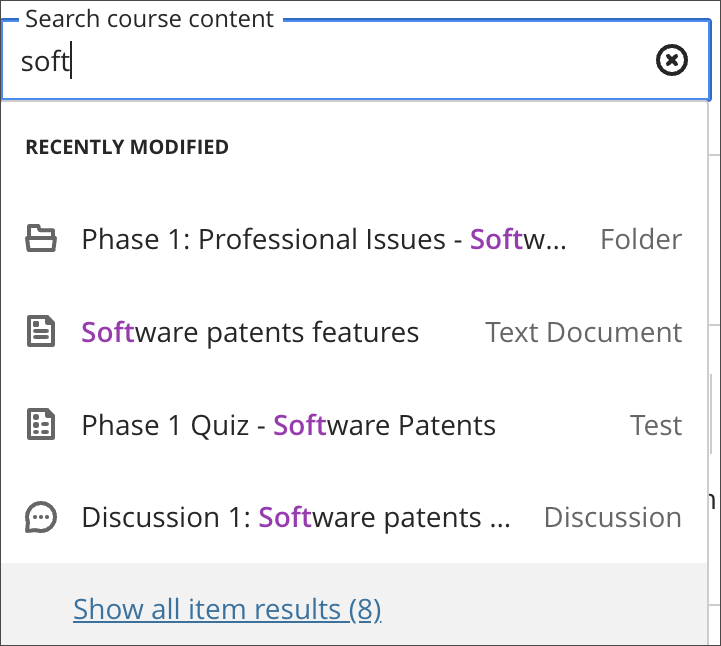 screenshot of the course search results