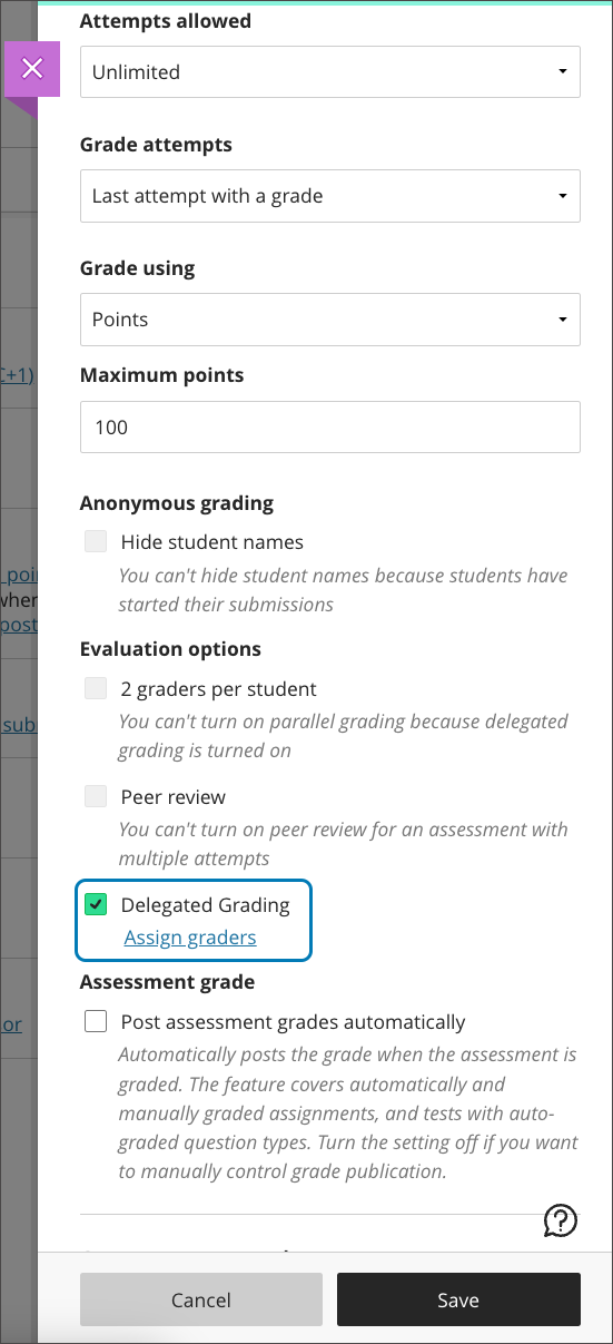 screenshot of the settings panel for an Assignment in the Ultra Course View highlighting the Delegated Grading checkbox