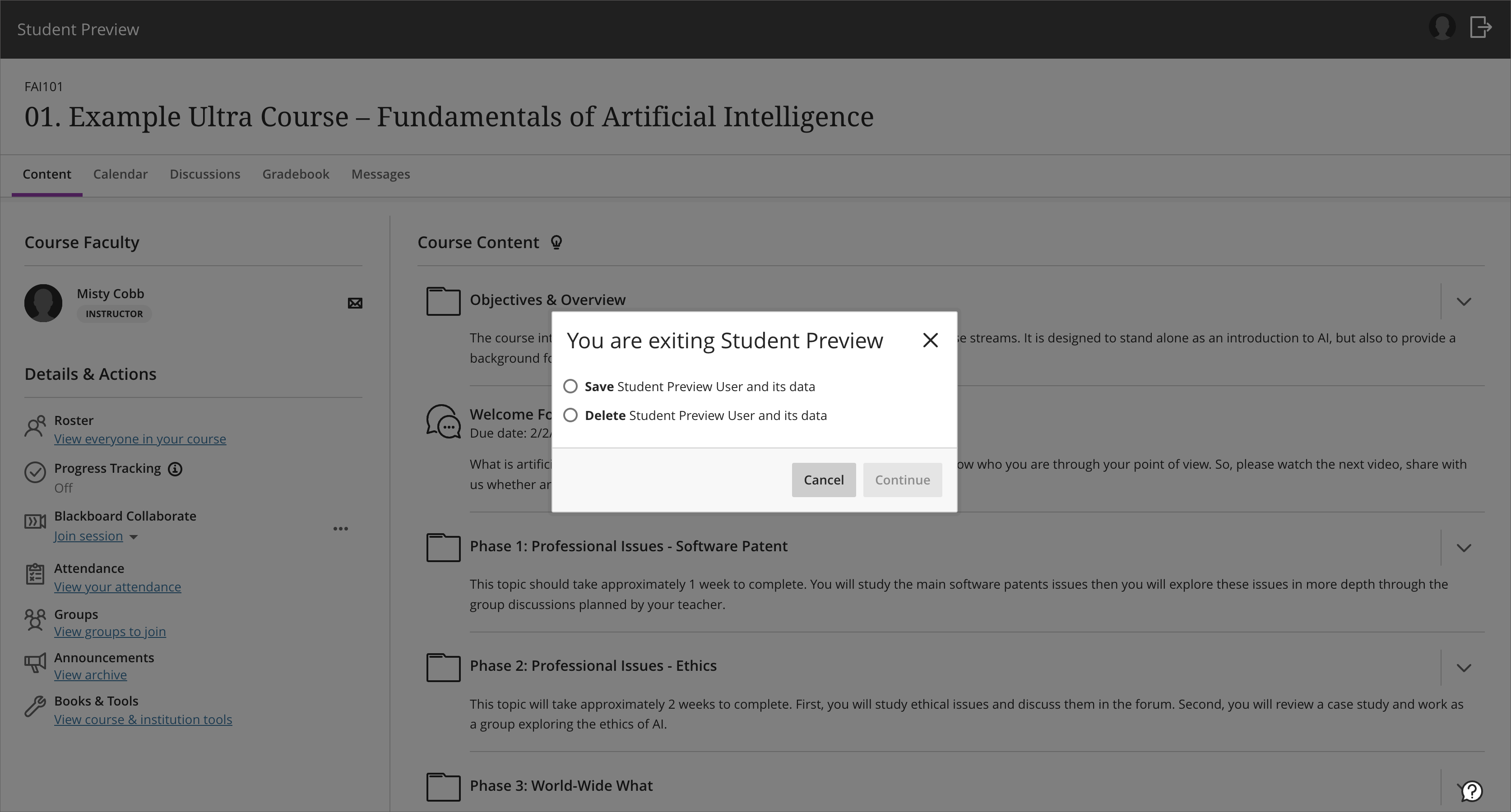 screenshot demonstrating the options to save or delete the student preview user when leaving student preview mode
