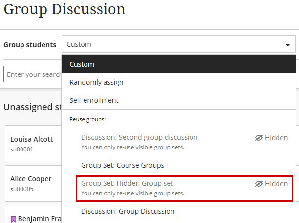 when a hidden group cannot be used, the reuse groups menu will indicate that