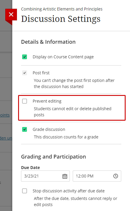 screenshot of the settings on a discussion board highlighting the setting to prevent editing
