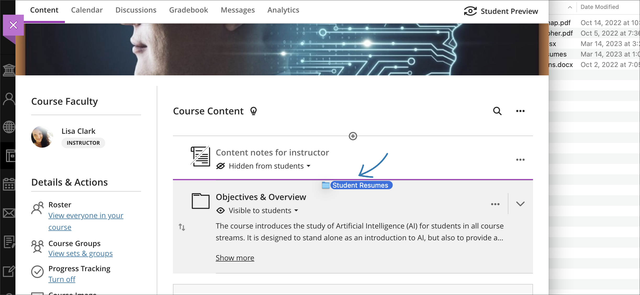 screenshot demonstrating a folder being dragged from the local computer storage to the Blackboard course
