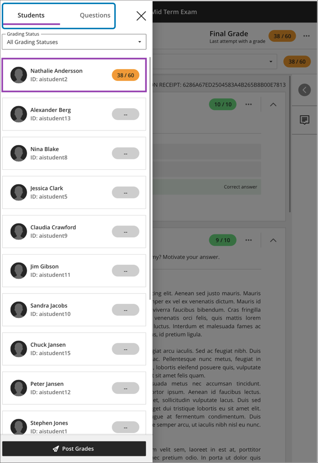 screenshot of selecting a student in the flexible grading workflow on a tablet