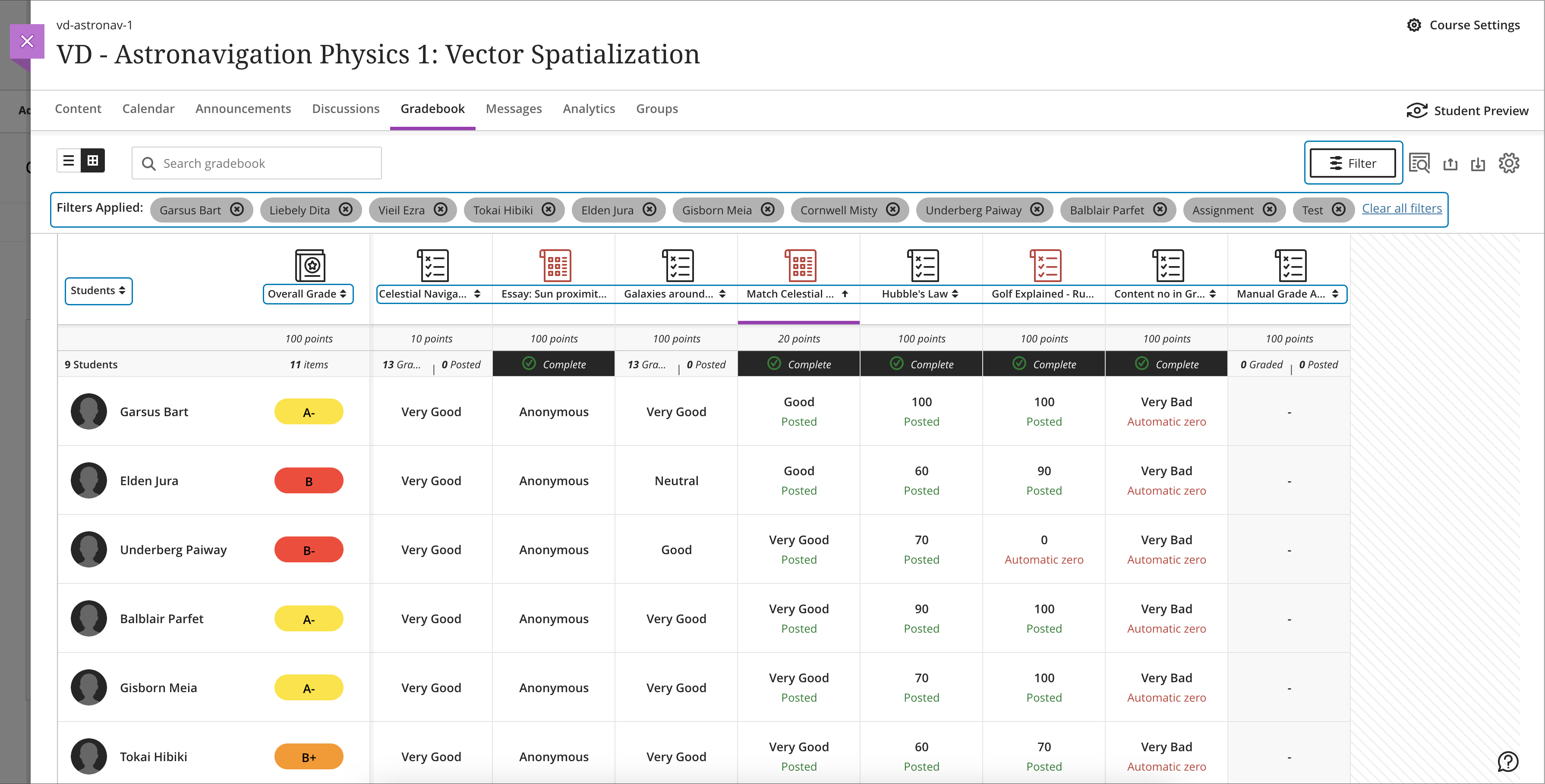 screenshot of Ultra Gradebook Grid View highlighting the sorting controls for individual columns