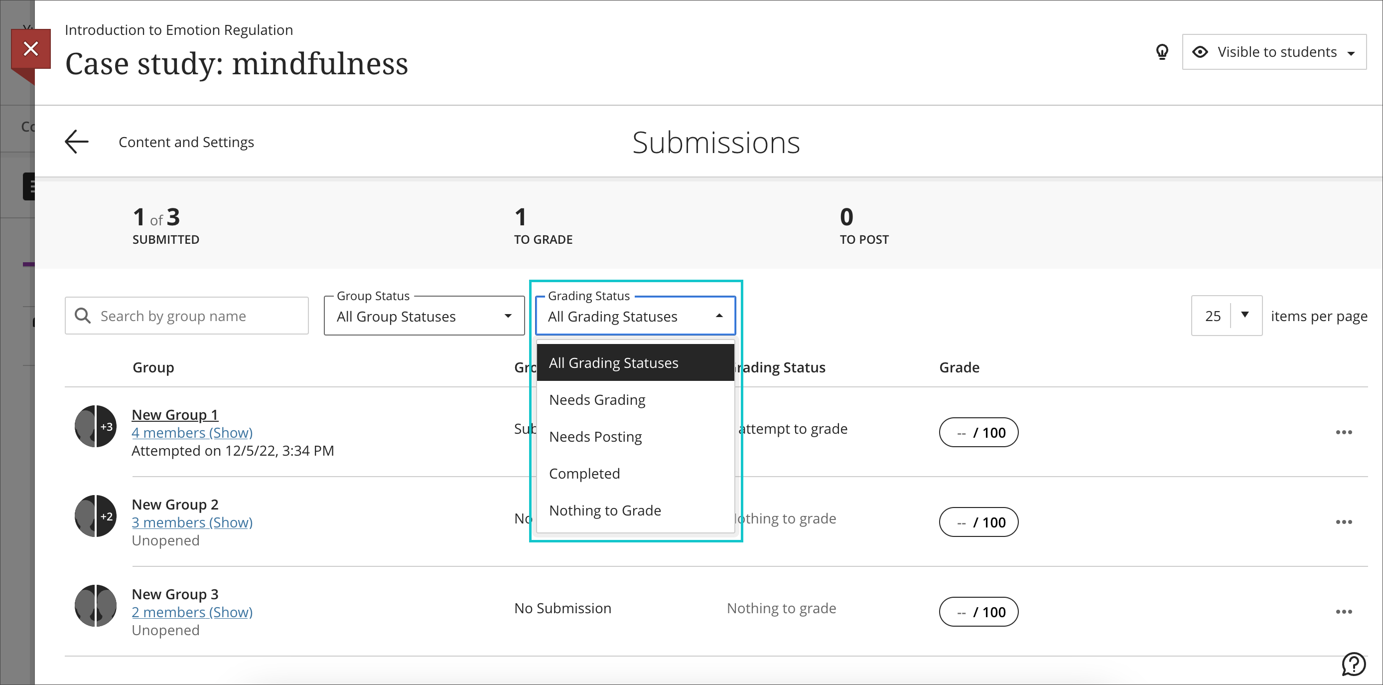 screenshot showing the grading progress filter open on an assignment with group submissions enabled