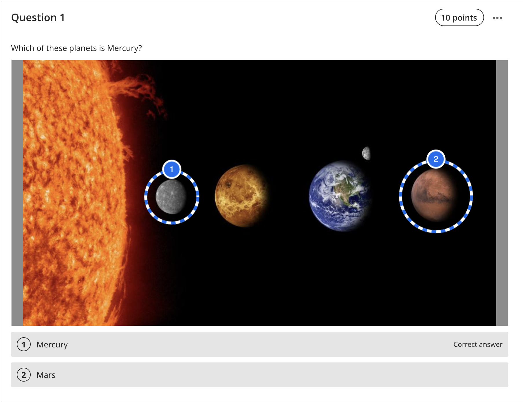 screenshot of a hotspot question with an image of the sun and four planets, showing two of the planets circled with a hotspot target