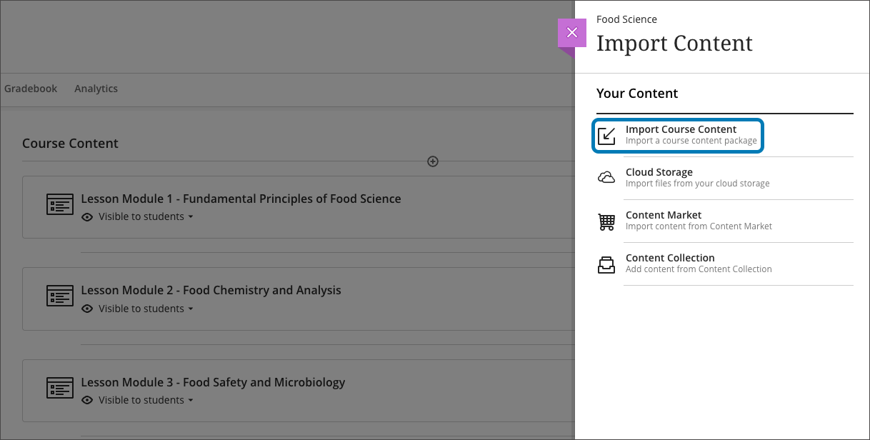 screenshot highlighting the Import Course Package option in the import content menu