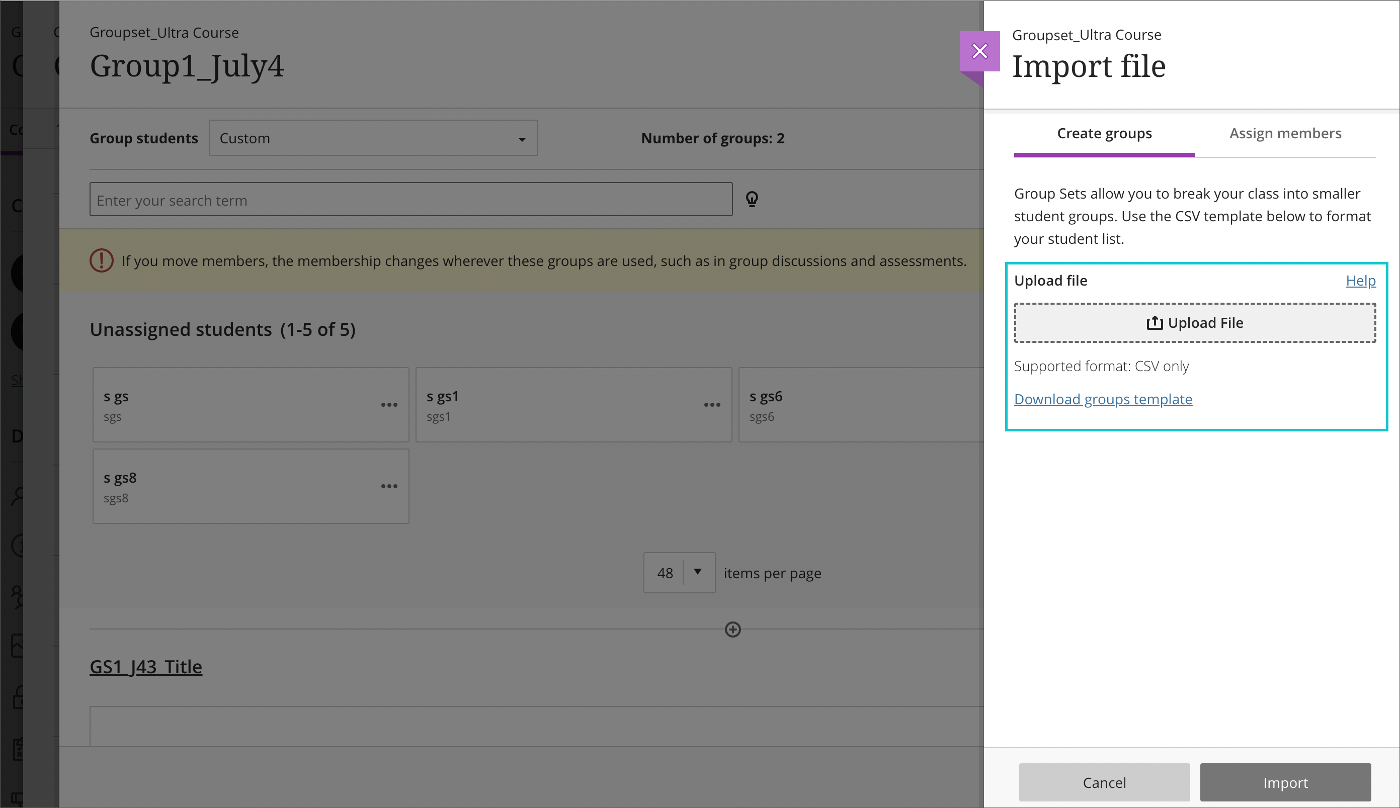 screenshot of the panel to import groups as a csv