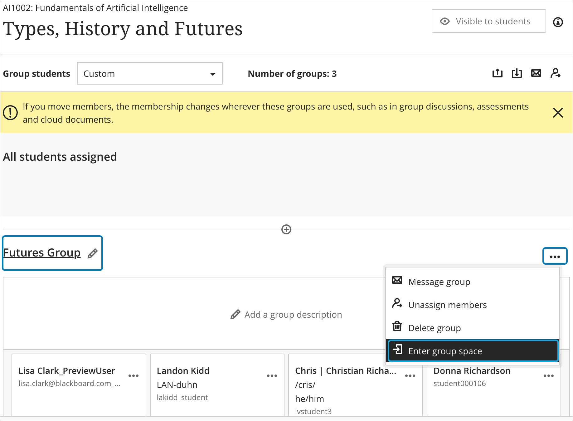 screenshot of the page to manage a group set, highlighting the ellipsis menu for a particular group and the option to enter the group space