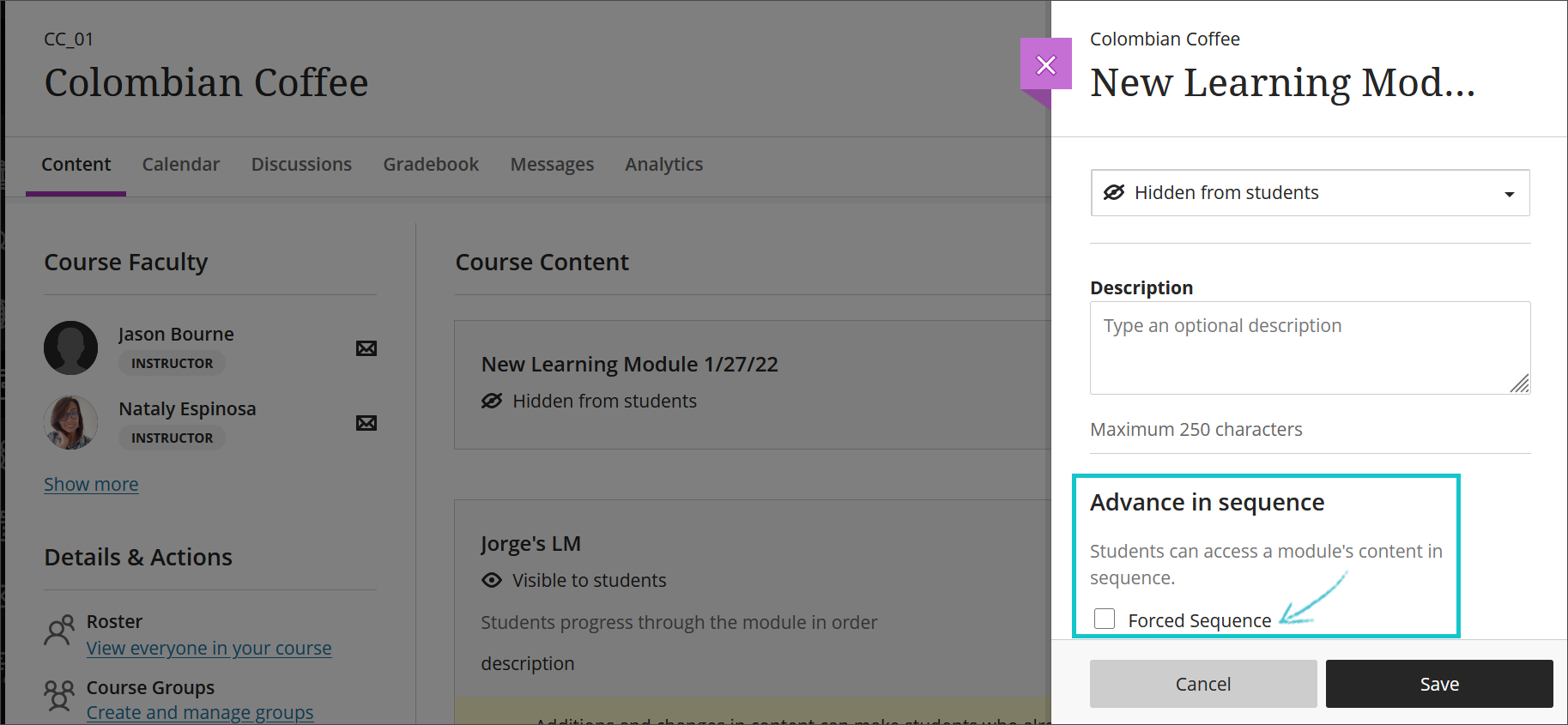 learning module settings now appear in a peek panel to the right