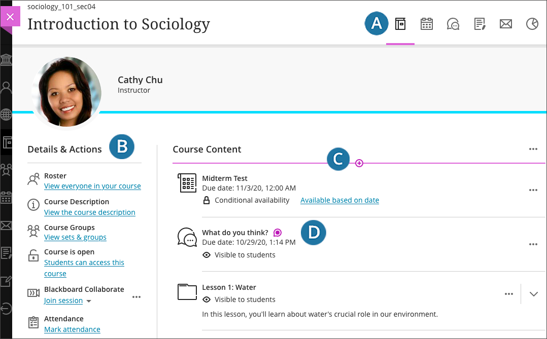 screenshot of ultra course view highlighting the Course Content list, Details & Actions pane, and the tabs in the upper right
