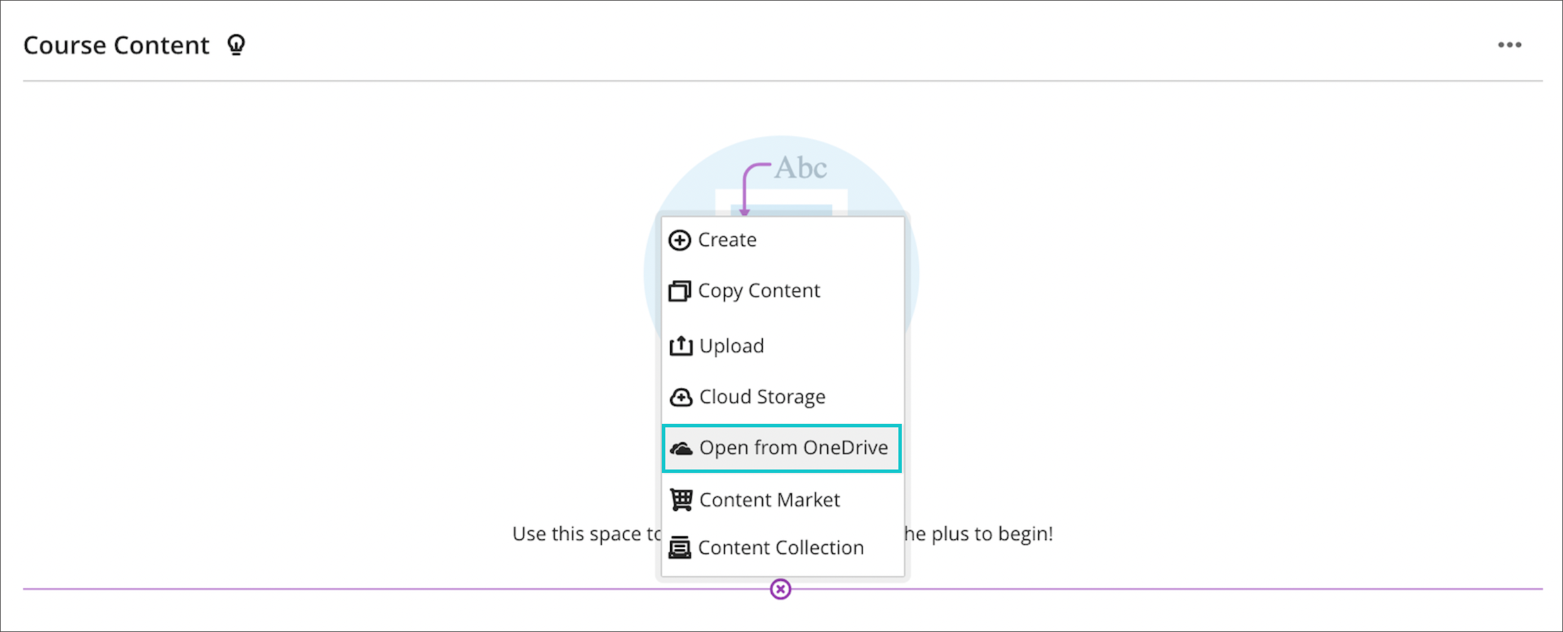click the plus icon on the course content list to access the Open from OneDrive tool
