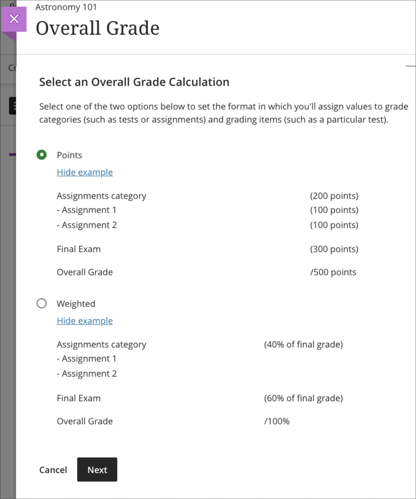 screenshot of overall grade setup page which provides examples of point-based vs. weighted grading
