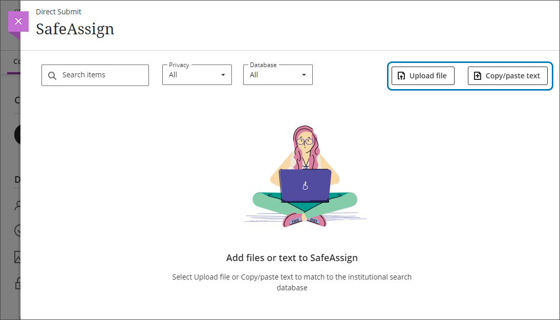 On the SafeAssign Direct Submit page, click the buttons for Upload File or Copy/Paste text