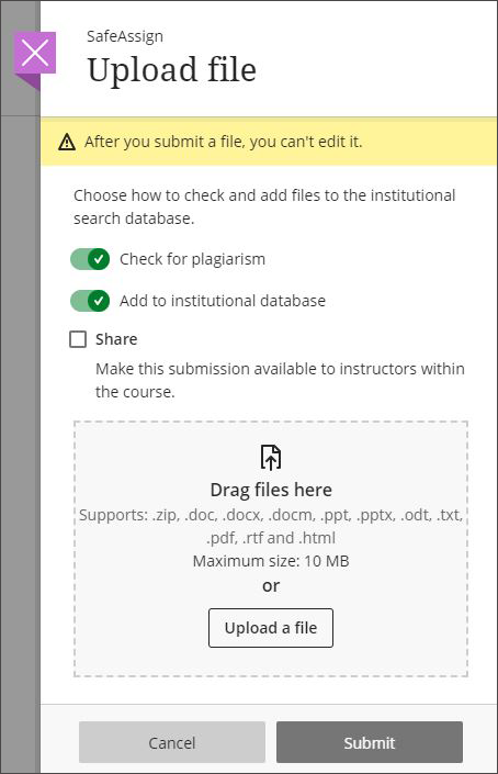 screenshot of the SafeAssign upload file panel