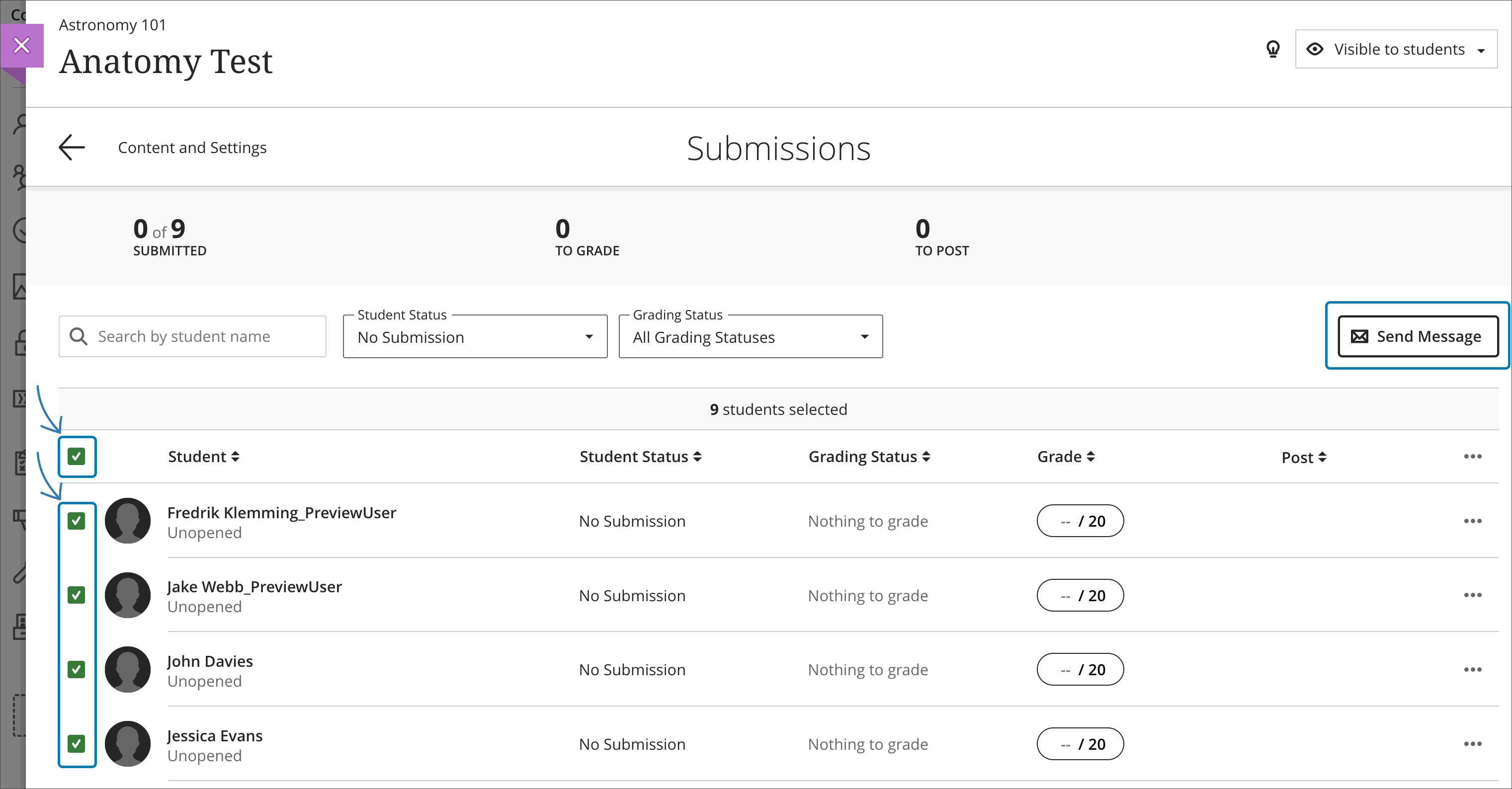 screenshot of Submissions page with Student Status filter set to No Submissions and students selected