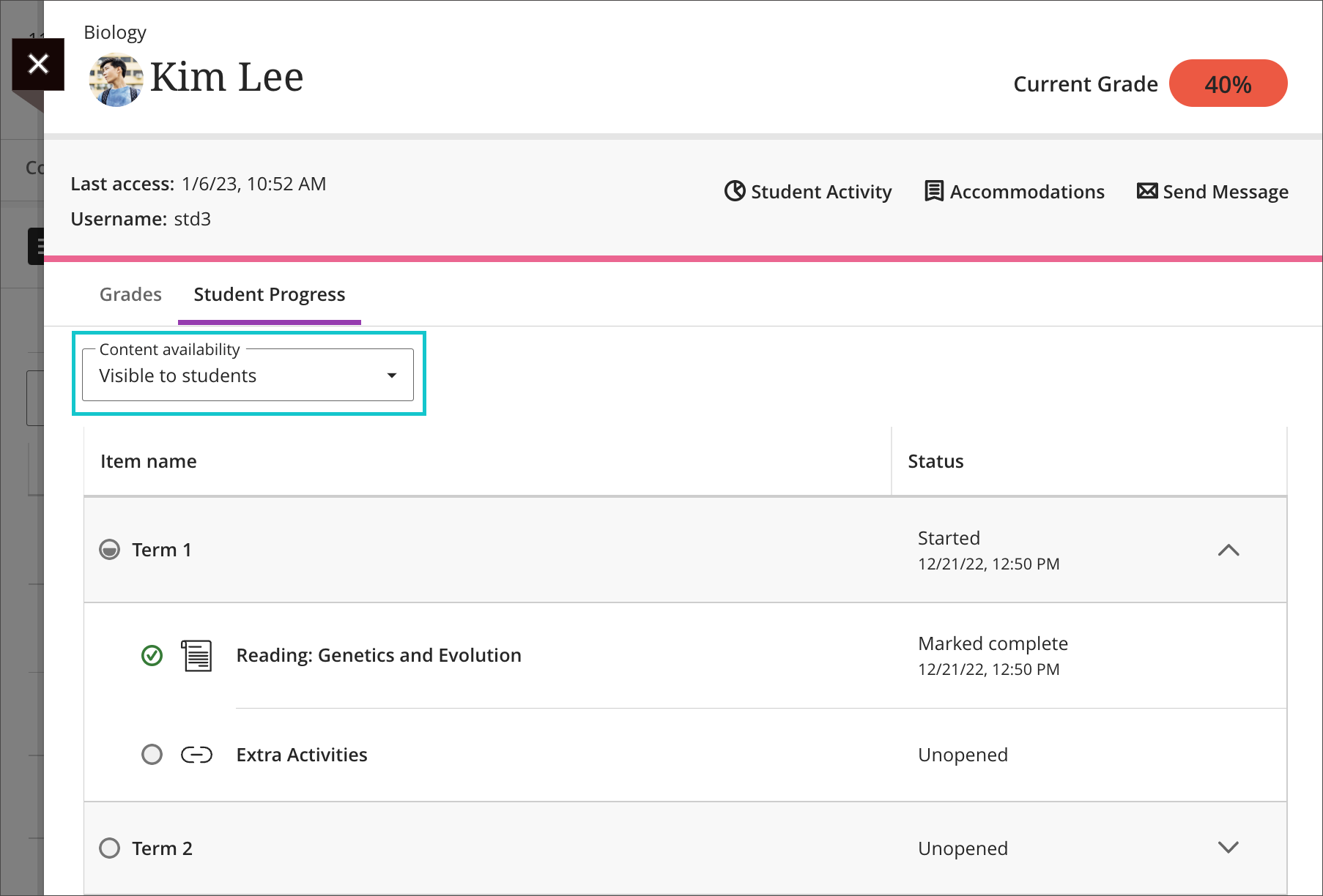 screenshot of student progress report highlighting the content availability filter