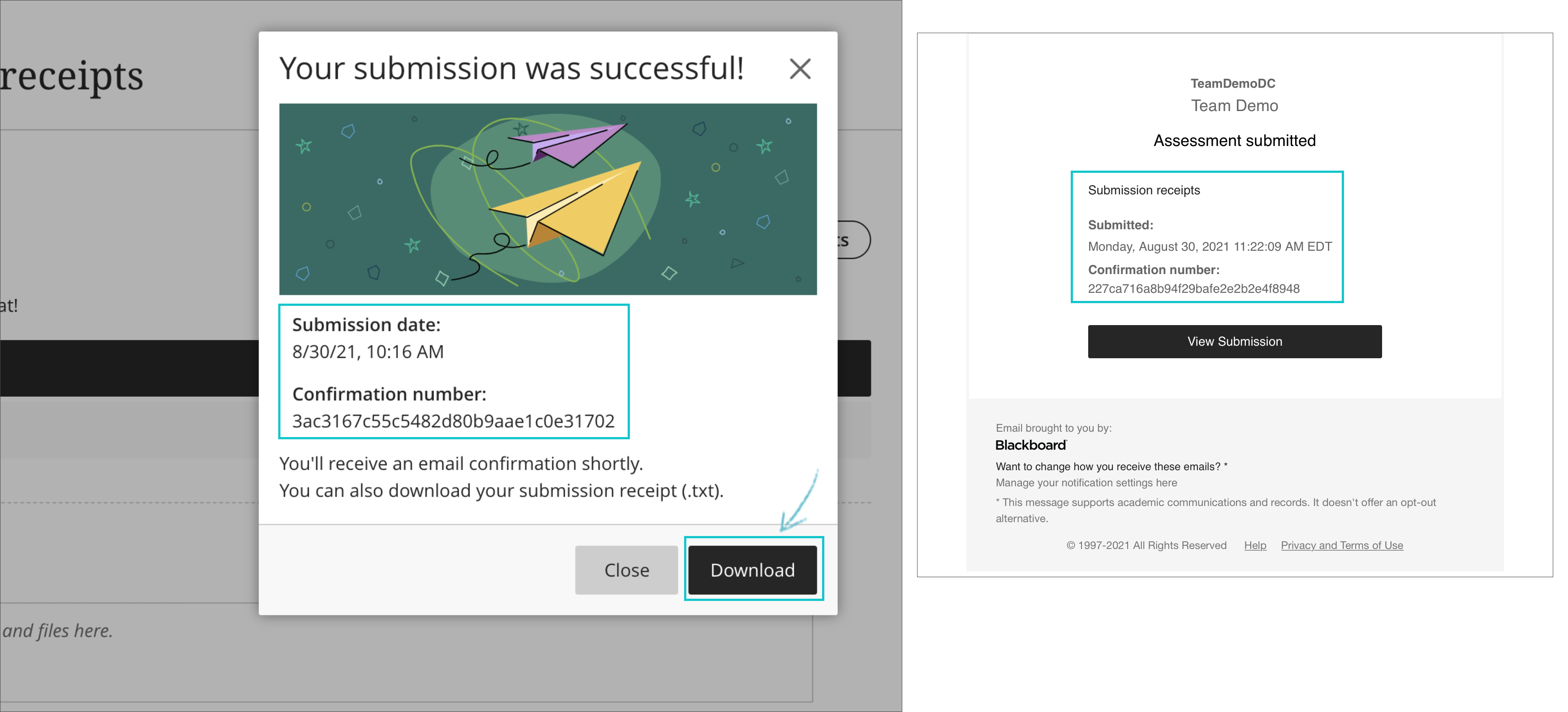 when students submit an assignment or test, a pop-up window will appear to confirm the submission was successful and provide a unique confirmation number. This information can be downloaded by clicking the "Download" button