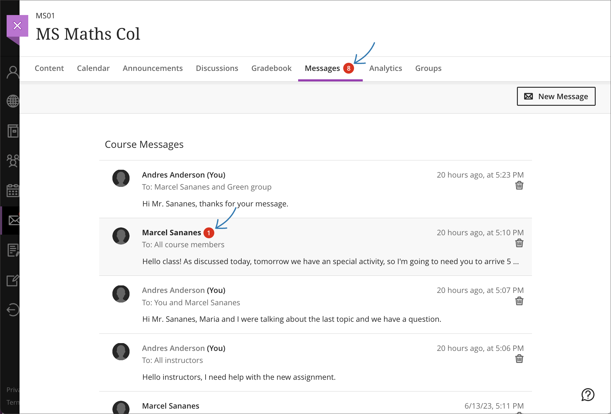 screenshot of a Blackboard Ultra course on the Messages tab, highlighting the red circle with a number on the Messages tab in the top navigation and next to one of the Messages