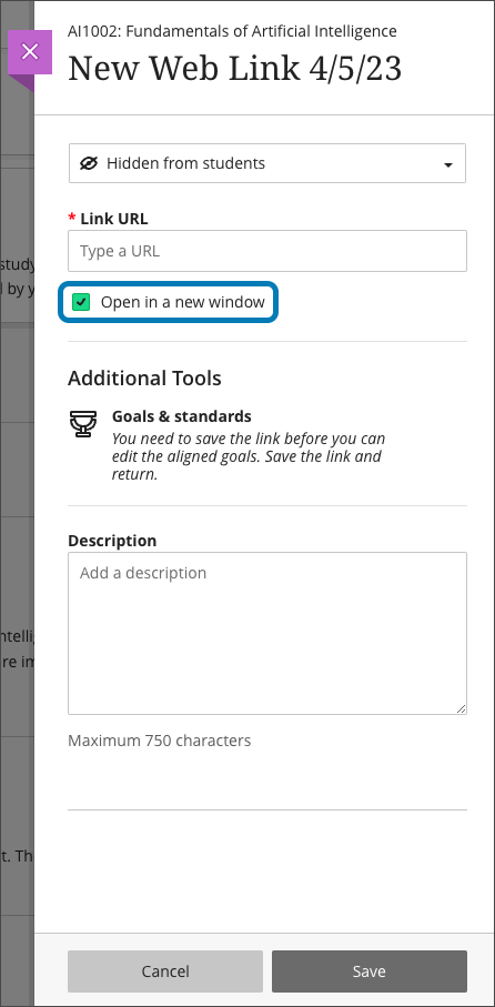 screenshot of the web link settings panel highlighting the checkbox to open the content in a new window