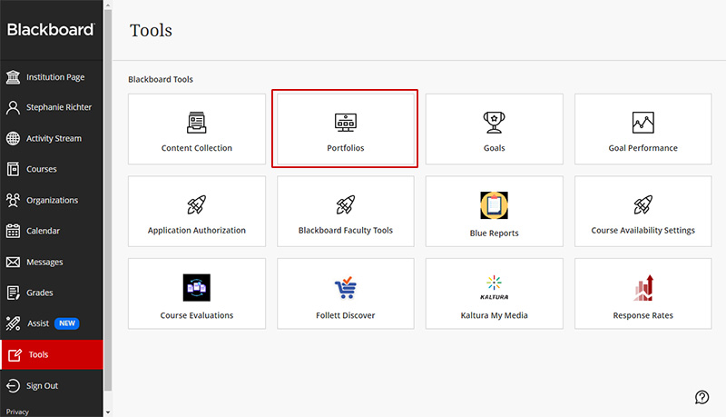 screenshot showing the Portfolio tool on the Tools page in Blackboard